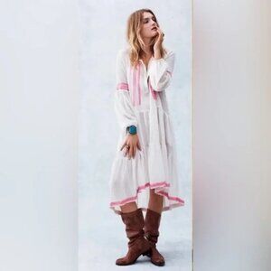 FREE PEOPLE UO Off-white Pink Gauze Embroidered Spell Midi Dress Small Prairie
